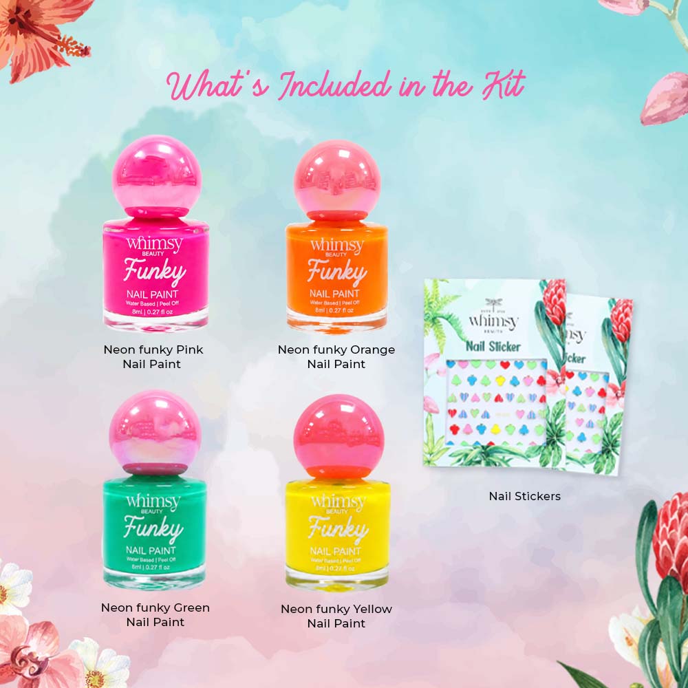 Whimsy Funky Nail Paint Kit- 4 Nail Paints and 2 Nail Stickers(Pack of 6)