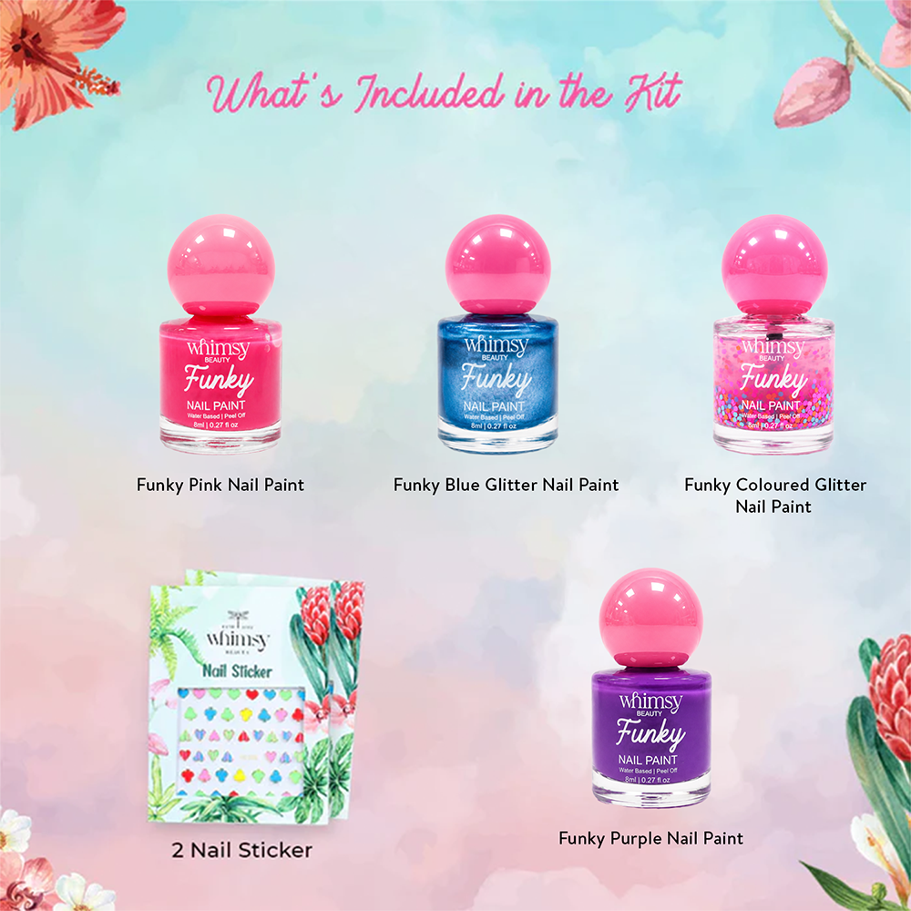 Whimsy Funky Nail Paint Kit- 4 Nail Paints and 2 Nail Stickers(Pack of 6)