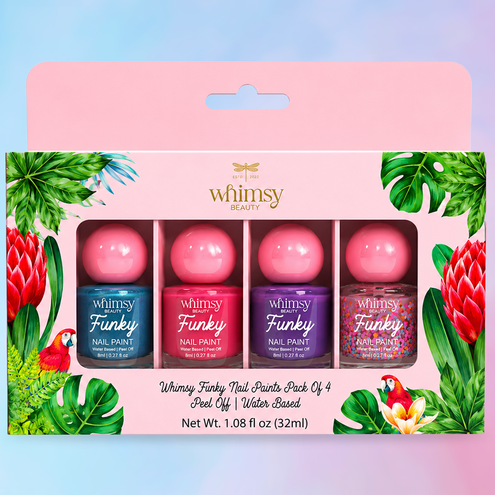 Whimsy Funky Nail Paint Kit- 4 Nail Paints and 2 Nail Stickers(Pack of 6)