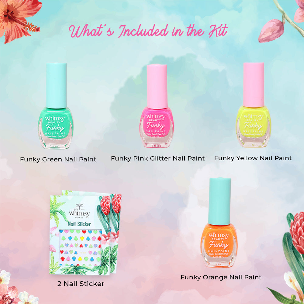 Whimsy Funky Nail Paint Kit- 4 Nail Paints and 2 Nail Stickers(Pack of 6)