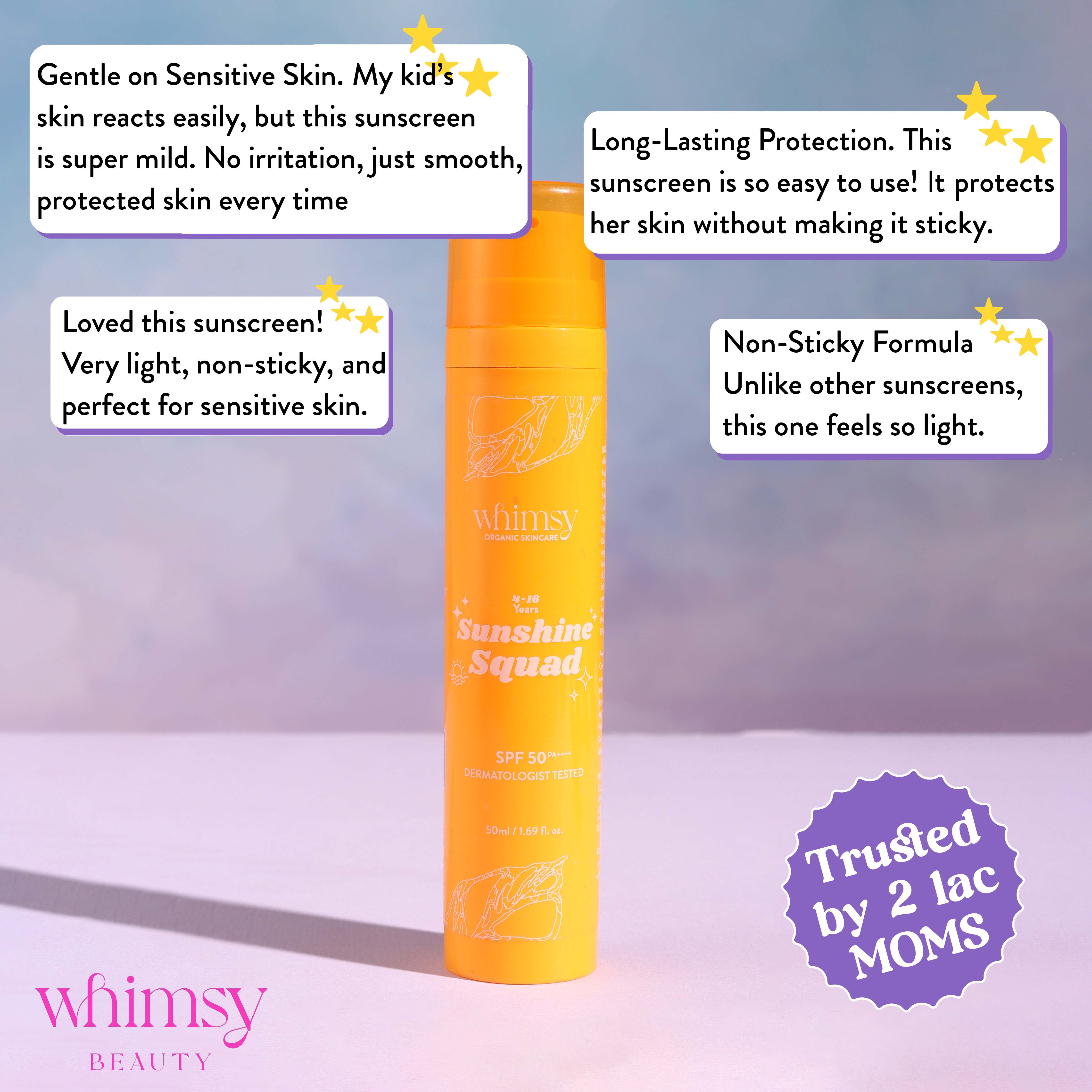 Whimsy Sunshine Squad SPF50+ Sunscreen for Kids & Teens – Organic, Safe & Non-Sticky