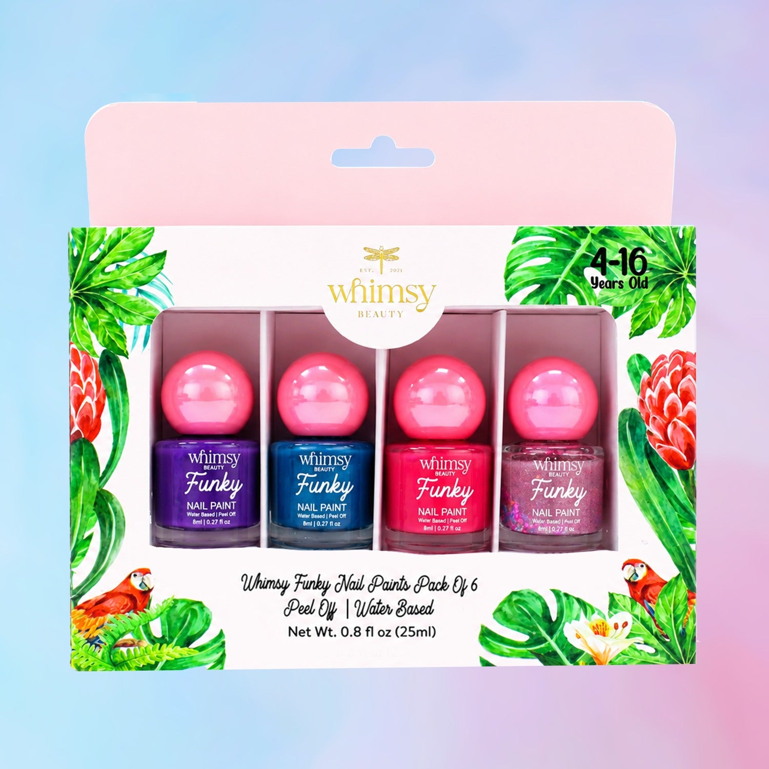 Whimsy Funky Nail Paint Kit- 4 Nail Paints and 2 Nail Stickers(Pack of 6)